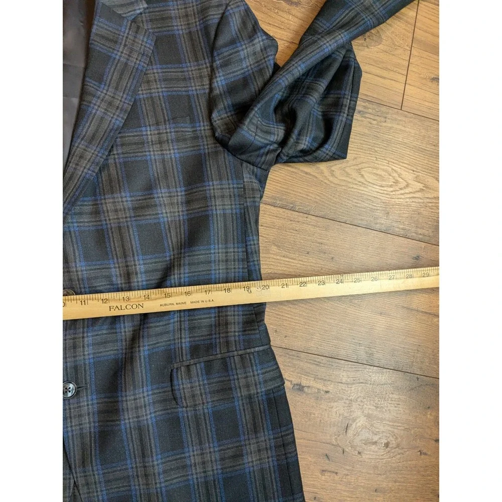 Peter Millar Plaid Sport Coat Blazer Men Charcoal Blue Wool Blend Two Button 44T
